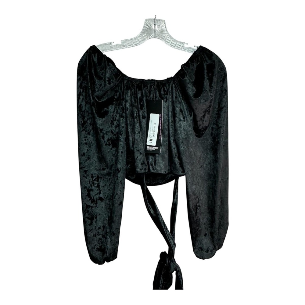 Rebdolls Blouse Womens 1X Black Crushed Velvet Off Shoulder Wrap Cropped Top